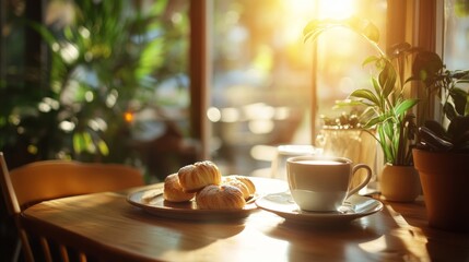 A warm cup of coffee sits on a wooden table in a cafe, next to a plate of fresh pastries. The sun shines through the window