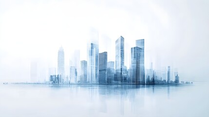 Fototapeta premium A futuristic city skyline with abstract technology elements integrated into the architecture, showcasing sleek buildings against a light solid color background,No blurriness