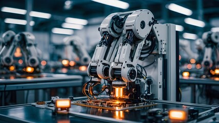 Fototapeta premium Advanced High-Precision Robot Arms on Fully Automated PCB Assembly Line: Modern Electronics Factory for Component Installation in the Electronic Devices Production Industry