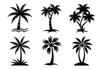 Obraz premium Simple Vector Palm Tree silhouette SVG icons and Beach Logo Designs in black and white and transparent background PNG file with Suns Clouds and Islands in the Ocean