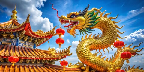 Vibrant golden dragon coils around intricately designed Chinese pagoda, adorned with red lanterns and ornate