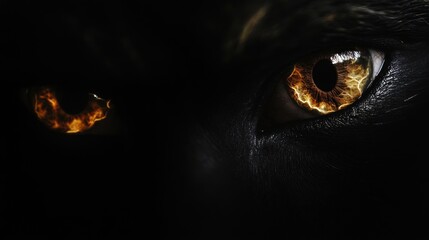 Close-up of intense, fiery eyes against a dark background, creating a dramatic effect.