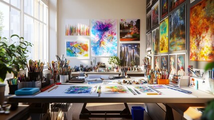 A well-lit home office space designed for creativity, showcasing a desk cluttered with art supplies, paintings, and drawings. The space symbolizes the intersection of artistry, productivity