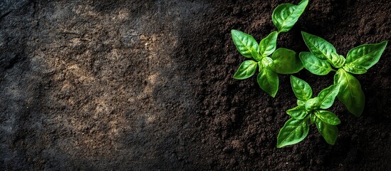 Top view of new green plant seedlings and small spade on dark soil with copy space on the right side. AI generated image