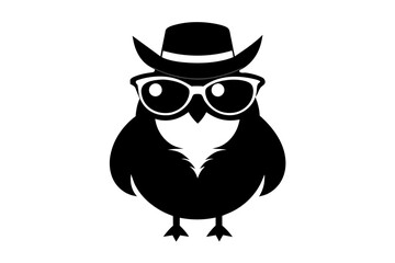 A cool vintage style owl with sun glasses and hat, silhouette black color on the white background, vector illustration