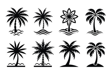 Fototapeta premium Simple Vector Palm Tree silhouette SVG icons and Beach Logo Designs in black and white and transparent background PNG file with Suns Clouds and Islands in the Ocean