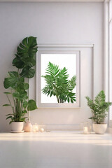 Fototapeta premium realistic white backgrounds with plant with good lighting and beautiful frames for youtube video or embedded photo, frame for painting (1)