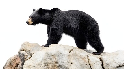 A majestic black bear standing on a rocky outcrop, showcasing its powerful physique against a light solid color background,No blurriness
