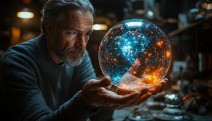 Fototapeta premium Business Executive and Virtual AI Assistant, business executive holding a floating hologram of a virtual AI assistant. 