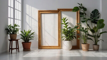 Fototapeta premium realistic white backgrounds with plant with good lighting and beautiful frames for youtube video or embedded photo, frame for painting (1)