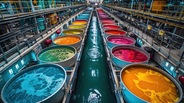 A high-angle photograph of a textile dyeing facility, large vats of brightly colored dye neatly arranged under the bright factory lighting.