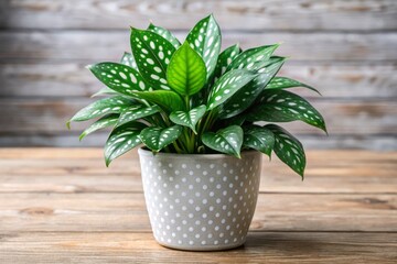 Vibrant green leaves with white polka dots adorn the stems of a lively, compact houseplant, adding a playful