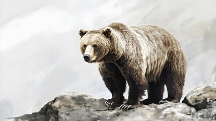 Obraz premium A majestic grizzly bear standing on a rocky shore, gazing into the distance, with a soft, light solid color background,No blurriness