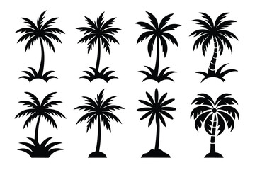 Fototapeta premium Simple Vector Palm Tree silhouette SVG icons and Beach Logo Designs in black and white and transparent background PNG file with Suns Clouds and Islands in the Ocean