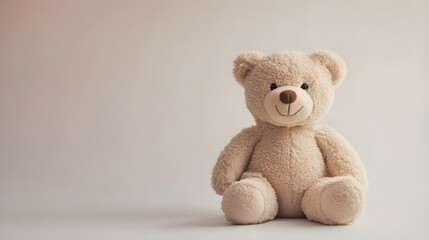 Obraz premium A soft and fluffy teddy bear sitting upright against a light pastel background, showcasing its intricate stitching and plush texture,No blurriness
