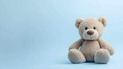Obraz premium A soft and fluffy teddy bear sitting upright against a light pastel background, showcasing its intricate stitching and plush texture,No blurriness
