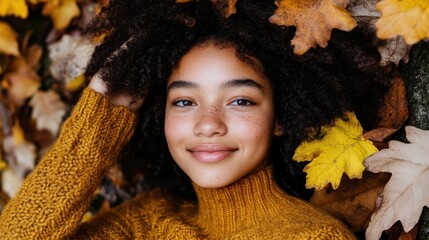 a woman with curly hair and yellow leaves