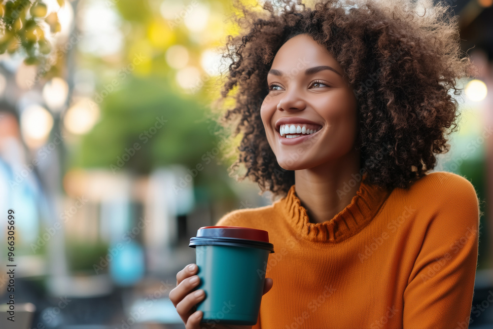 Wall mural A woman with curly hair is smiling and holding a green coffee cup