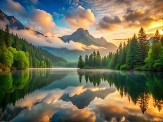 Vibrant, high-definition wallpaper image of a serene mountain lake at dawn, reflected in calm water surrounded by lush