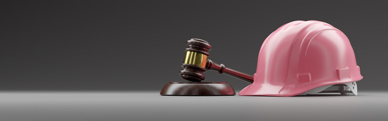 Pink Hard Hat and Gavel on a Gradated Background Banner with Room For Text or Graphics.