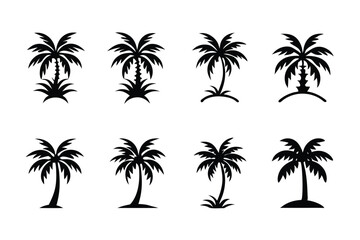 Simple Vector Palm Tree silhouette SVG icons and Beach Logo Designs in black and white and transparent background PNG file with Suns Clouds and Islands in the Ocean