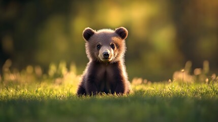 A playful bear cub sitting on a grassy field with a soft light illuminating its fur, showcasing its curious expression,No blurriness