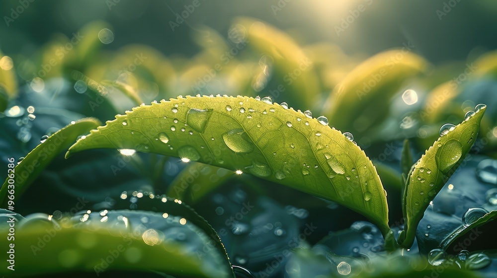 Aufkleber close-up of a tea leaf with a drop of dew bending the leaf, dew about to drip down. generative ai.