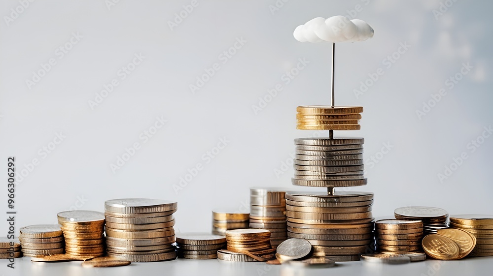 Aufkleber stack of coins symbolizing growing expenses in cloud computing. cloud service budgeting.