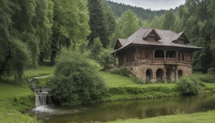 Rustic Wooden House by a Stream with Lush Green Forest in the Background