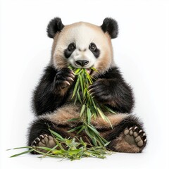 Naklejka premium panda bear enjoys a serene moment, holding a piece of bamboo in its paw and chewing happily, surrounded by a stark white background that highlights its playful nature.