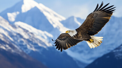 Obraz premium Majestic Bald Eagle Soaring Over Snow-Capped Mountains