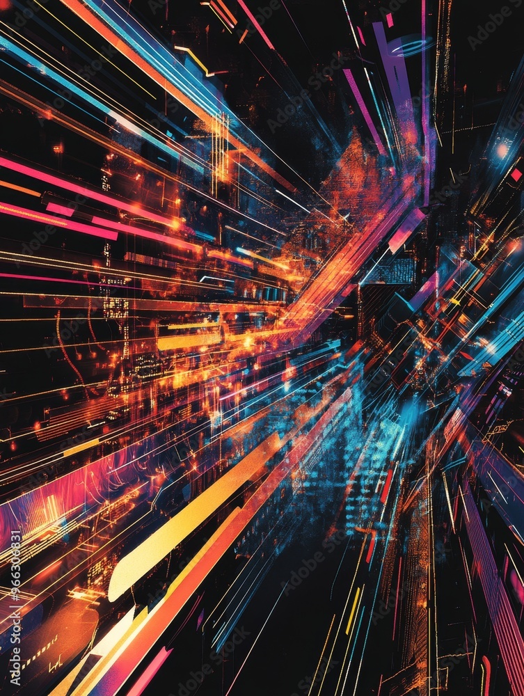 Poster an abstract representation of digital data transfer, symbolizing connectivity, speed, innovation, pr