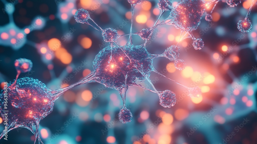 Poster an abstract representation of molecular structures, showcasing interconnected nodes with glowing acc