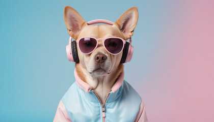 Illustration portrait 3D chien humanoïde rose bleu casque musique lunettes.