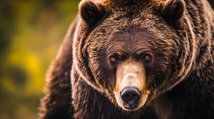 Obraz premium A close-up of an angry bear's face, eyes narrowed and fur bristling, with a soft blurred background that emphasizes its intensity,No blurriness