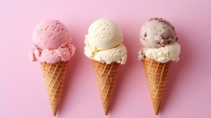 A close-up of a delicious ice cream cone with three scoops of various flavors, set against a light pastel background, creating a fresh and inviting atmosphere,No blurriness