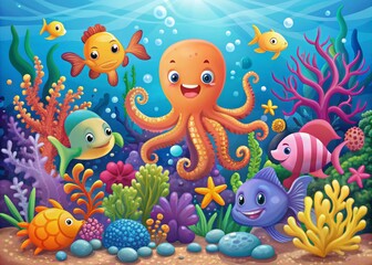 Vibrant illustration of whimsical ocean creatures, including a smiling octopus, fish, seahorse, and crab, swimming