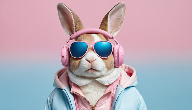 Illustration portrait 3D lapin humano&iuml;de rose bleu casque musique lunettes.