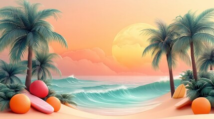 Obraz premium dreamy pastel beach scene with stylized palm trees surfboards and tropical fruits soft gradient sky blends seamlessly with gentle ocean waves in a retroinspired summer pattern