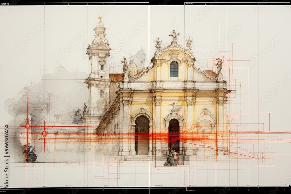 Aufkleber highlighting architectural features with red lines for enhanced contrast in buildings and bridges