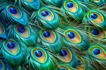 Vibrant iridescent feathers showcasing a mesmerizing display of blues and greens, exemplifying the stunning color