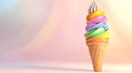 A whimsical cartoon ice cream cone with multiple colorful scoops, set against a light pastel background,No blurriness