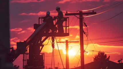 Sunset Silhouette: Workers Maintaining Power Lines on a Lift