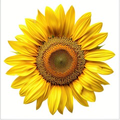 Fototapeta premium A bright yellow sunflower, isolated on a white background. Bright lighting accentuates the vibrant petals and detailed center of the flower.