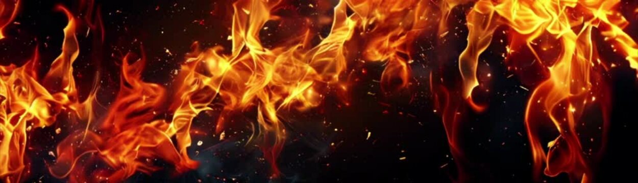Fire on black background. Spurts of yellow and orange flame and smoke in the electric fireplace 