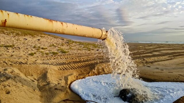 Abwasser mit wei&szlig;em Schaum sprudelt aus gro&szlig;em Abwasserrohr am Strand in den Sand und flie&szlig;t direkt ins Meer, Umweltschutz, Umweltverschmutzung, Abwasser, Gesundheit, Industrieabwasser
