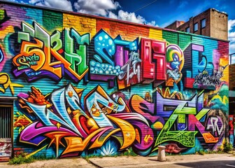 Obraz premium Vibrant, mixed-media graffiti art displays a diverse array of stylized fonts, from bold 3D block letters to whimsical