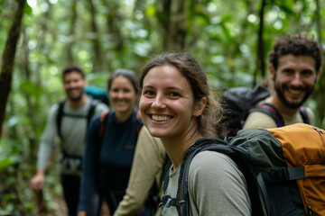 A group of people are smiling and posing for a photo in a forest