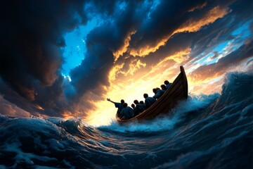 Jesus calming the storm, raising His hand to the turbulent sea while His disciples watch in awe from the boat