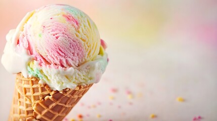 A close-up of a melting ice cream scoop in a waffle cone, sitting on a light solid color surface, emphasizing the vibrant colors,No blurriness